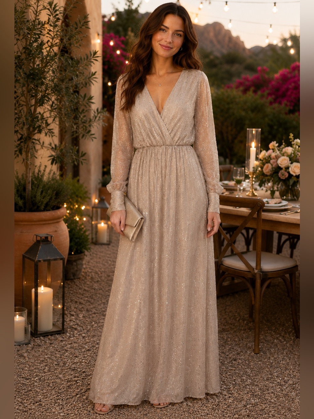 NWT Baltic Born Champagne Beige Sequin Maxi Dress Formal Etherial Evening Gown S